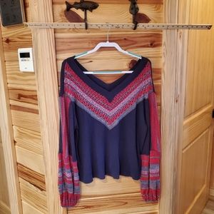 Free People Navy Copenhagen  V Neck Long Sleeve Thermal Top Sz XSmall